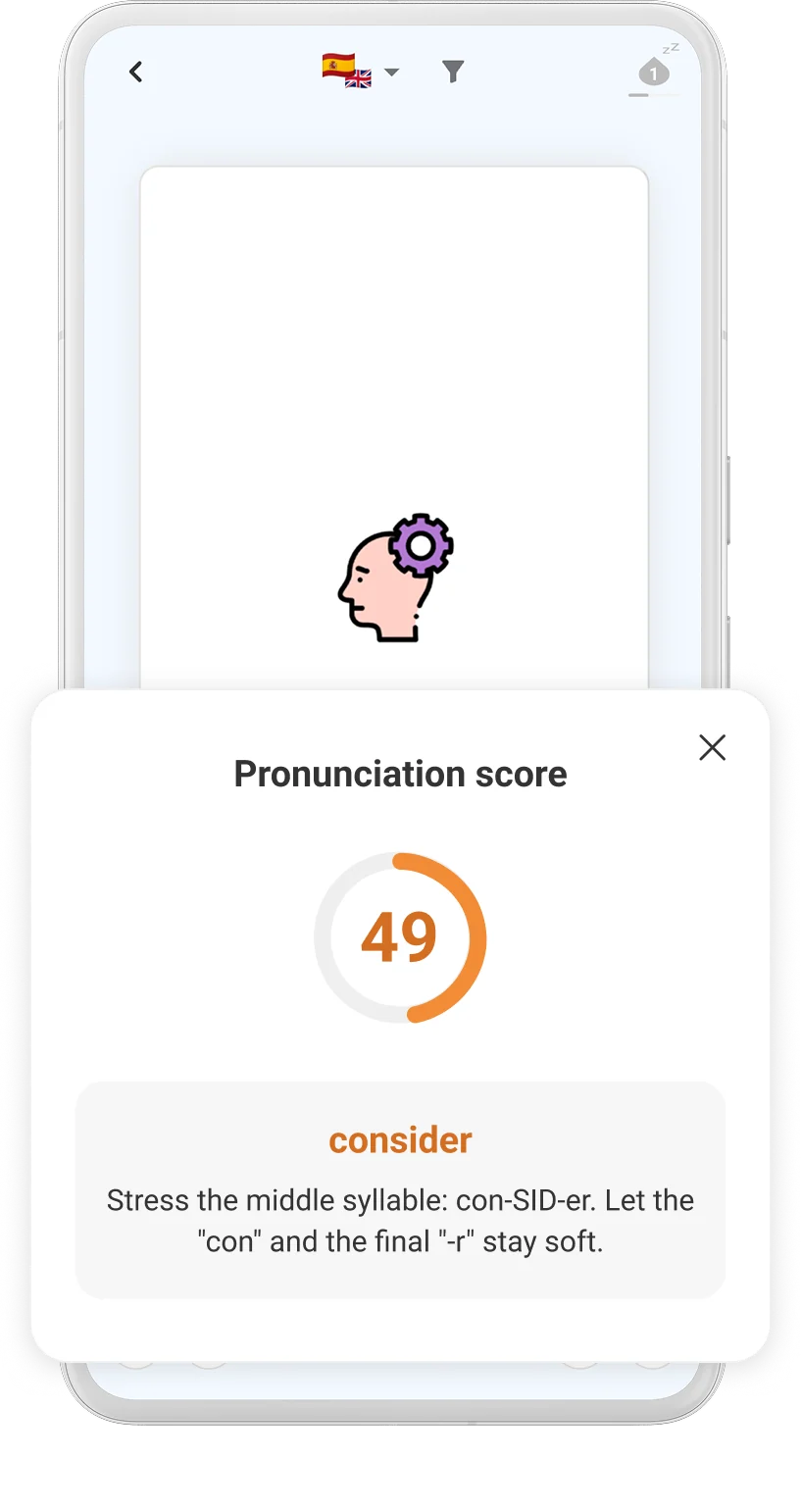 DuoCards pronunciation feedback and score on a phone