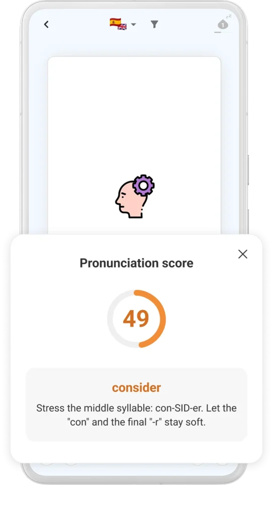 DuoCards pronunciation feedback and score on a phone